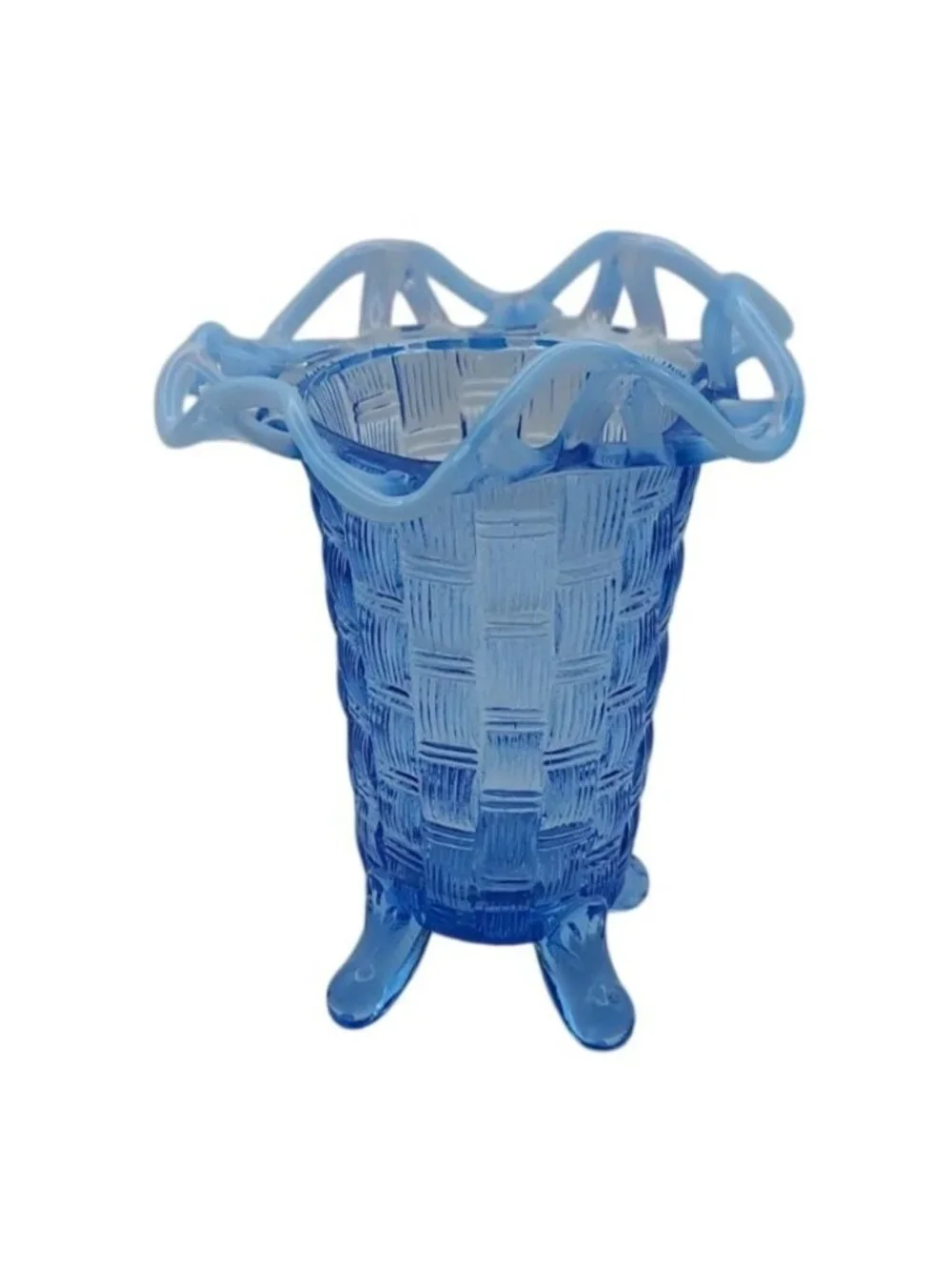 Fenton Glass Blue Opalescent Basket Weave 4 Toed Bud Vase Lace Ruffle Vintage